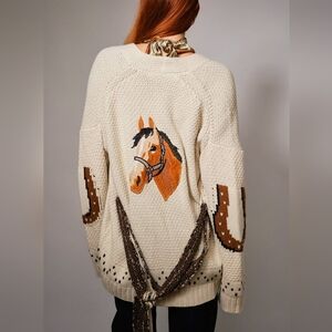 NWT Lucky And Blessed Western Embroidered Horse Belted Cardigan Sweater